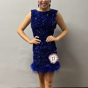 Royal Blue Sequin Feather Hem Cocktail Dress